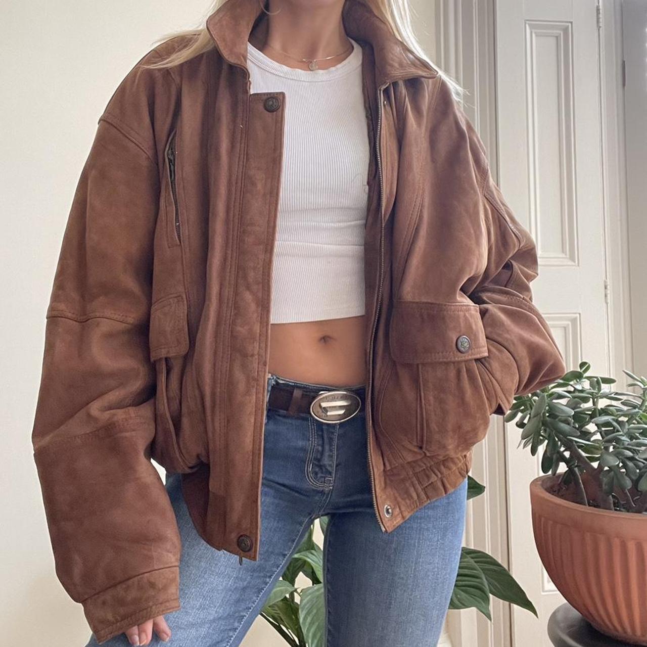 amazing vintage brown real leather bomber jacket,... - Depop