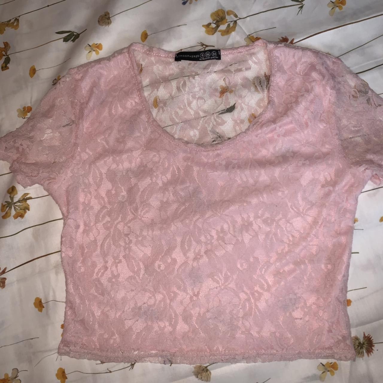 cute lace pink super crop top with short sleeves is... - Depop