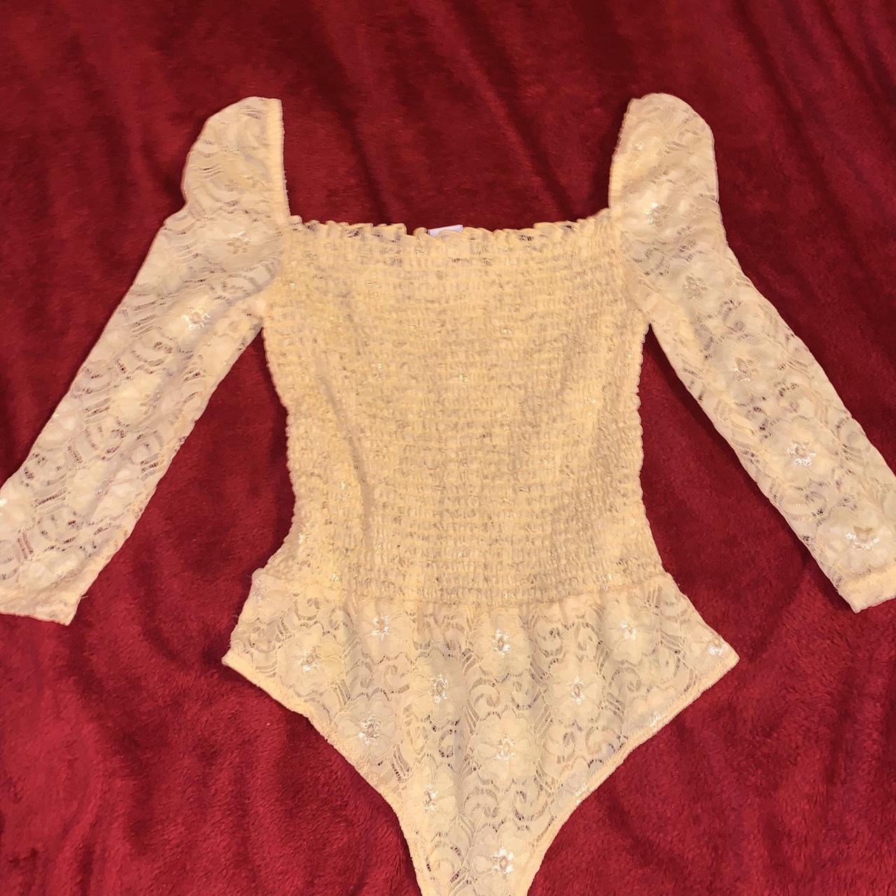 yellow stretch lace bodysuit milkmaid top giving... Depop