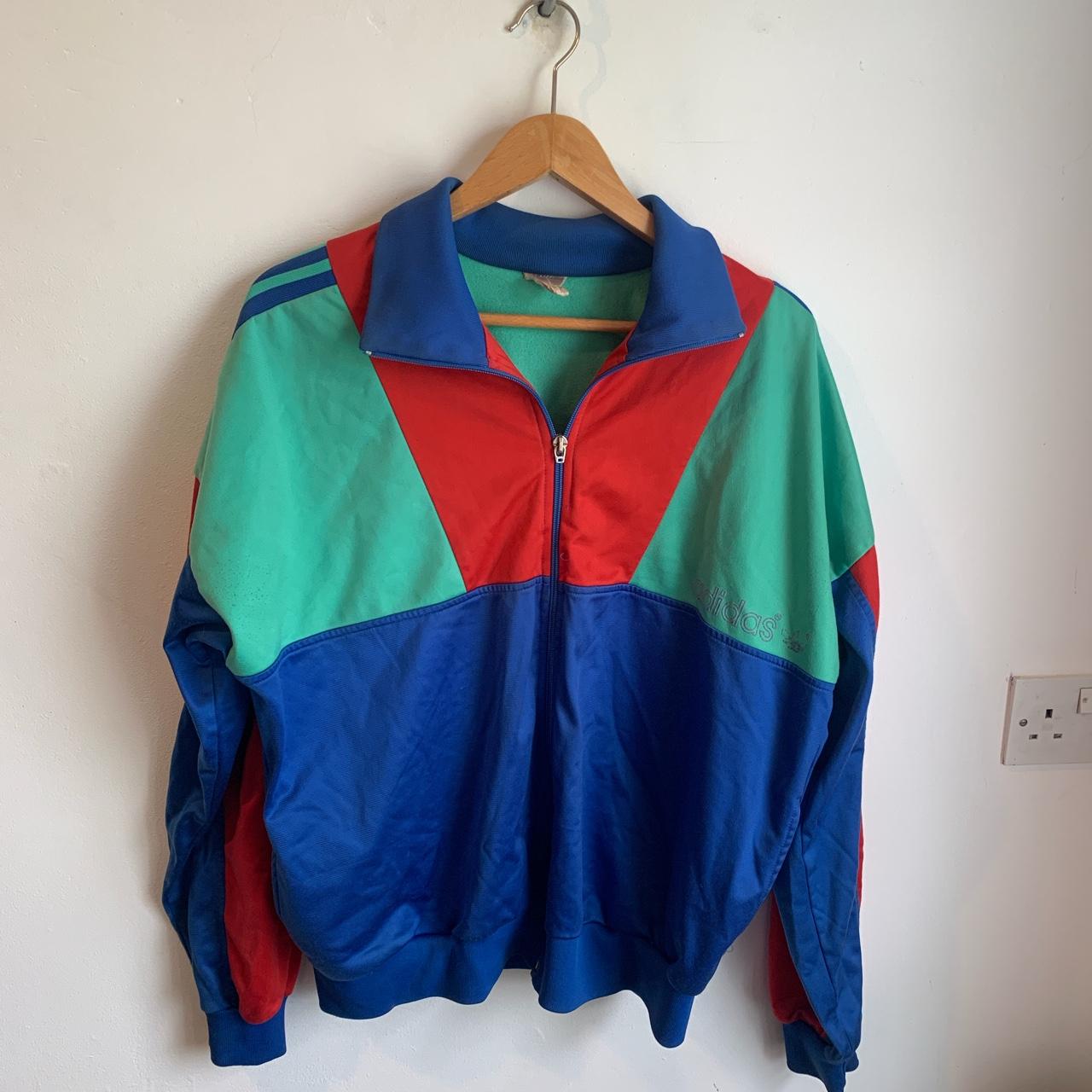 Blue green and red vintage Adidas track jacket. Size... - Depop