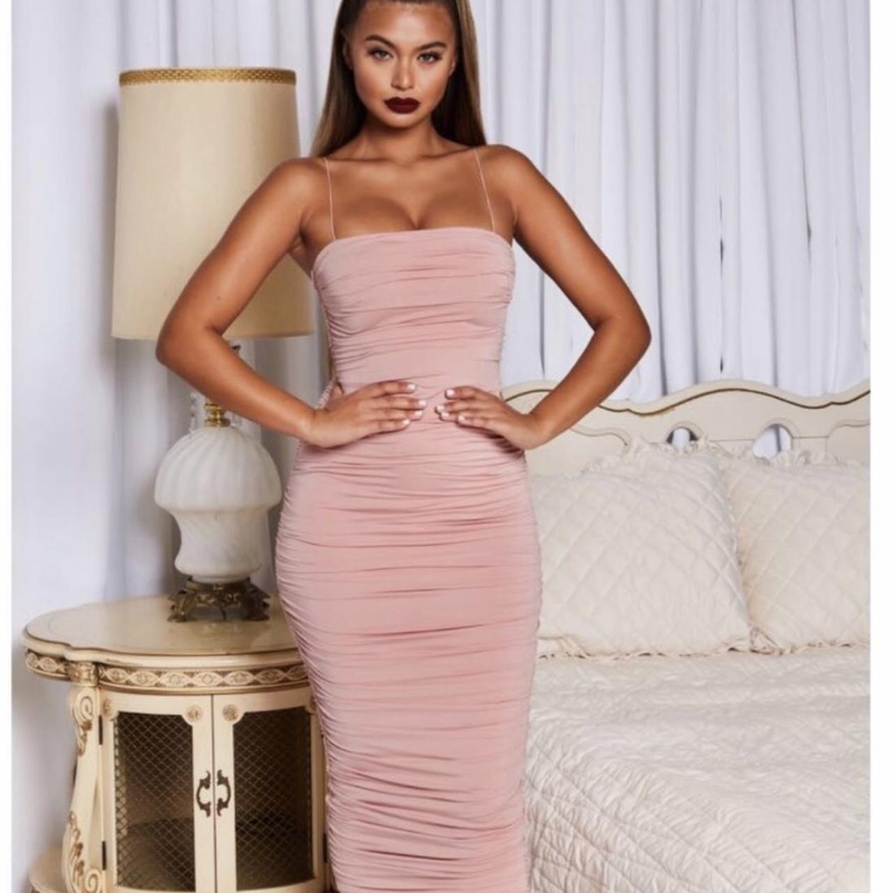 Oh polly baby pink ruched dress midi ...