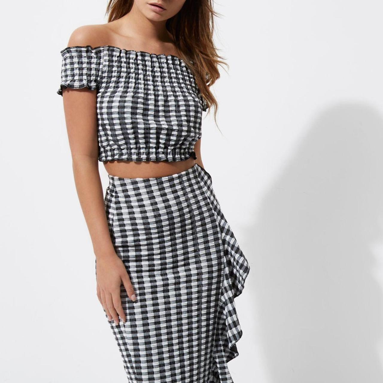 River Island White Gingham shirred bardot - Main Image