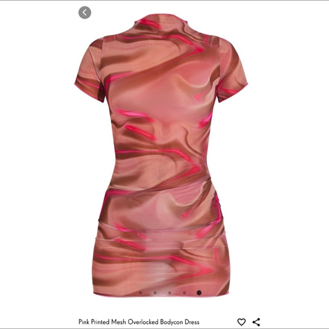 pink printed mesh overlocked bodycon dress