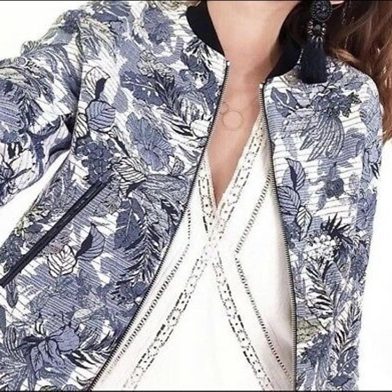 blue and white floral bomber jacket