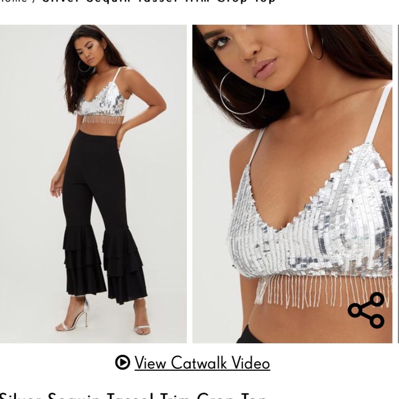 Silver Sequin Tassel Trim Crop Top