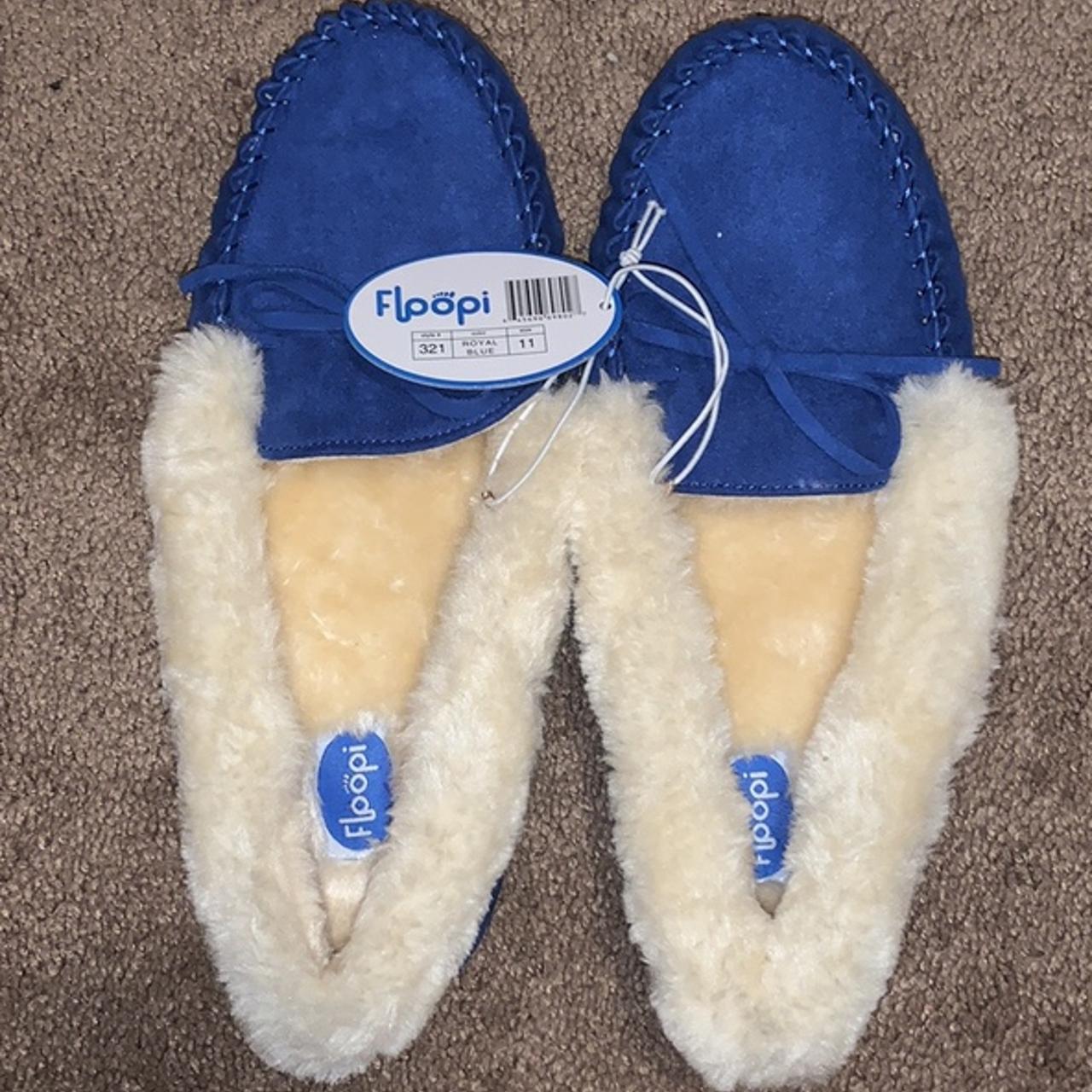 Floopi Women's Blue and Cream Slippers | Depop