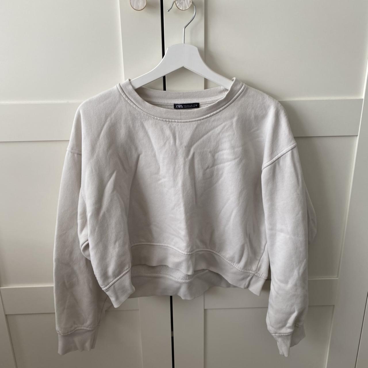 Zara stone cropped long sleeve sweatshirt. Size L.... - Depop