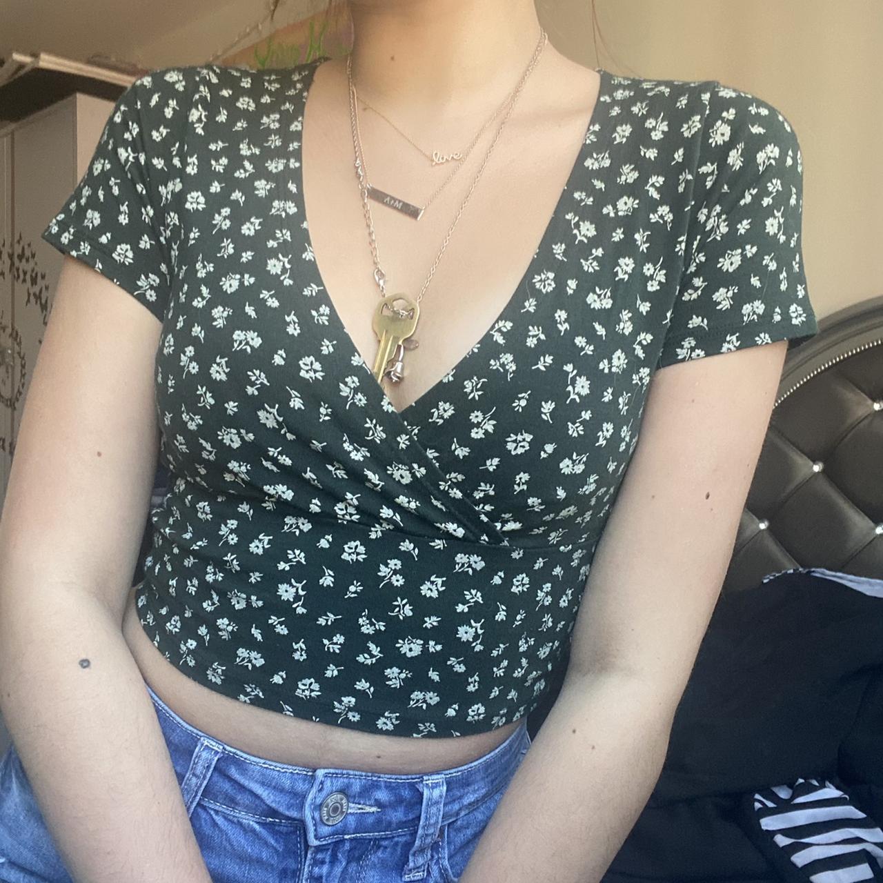 Brandy Melville green floral amara top such a... Depop