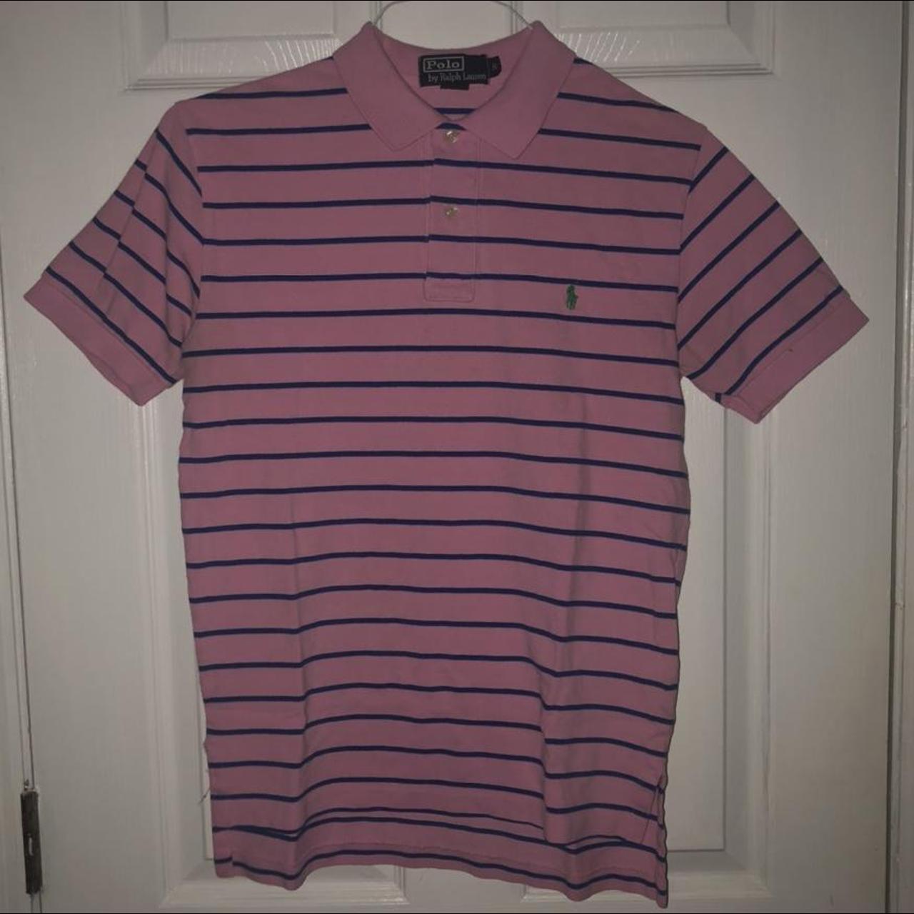 Pink With Blue And White Stripes Polo With Beautiful - Depop