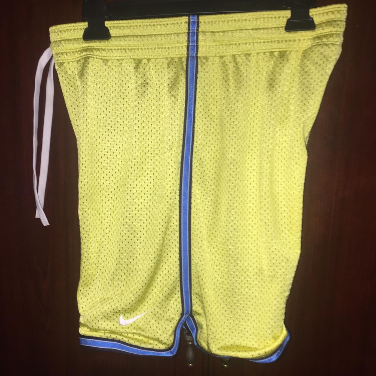 Vintage Nike sunny yellow mesh shorts with Blue and... - Depop