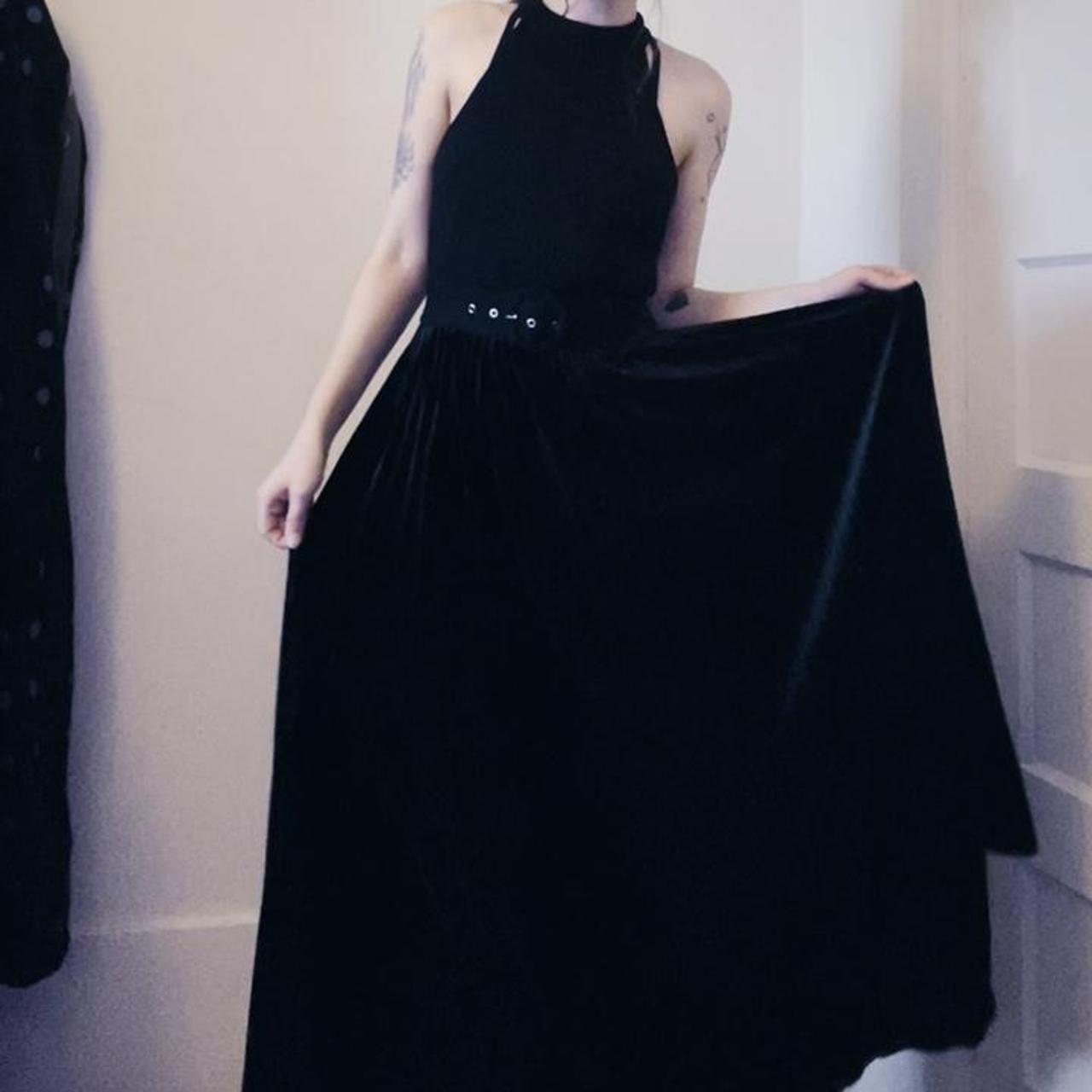 Black velvet full length dress labeled to fit a size... - Depop