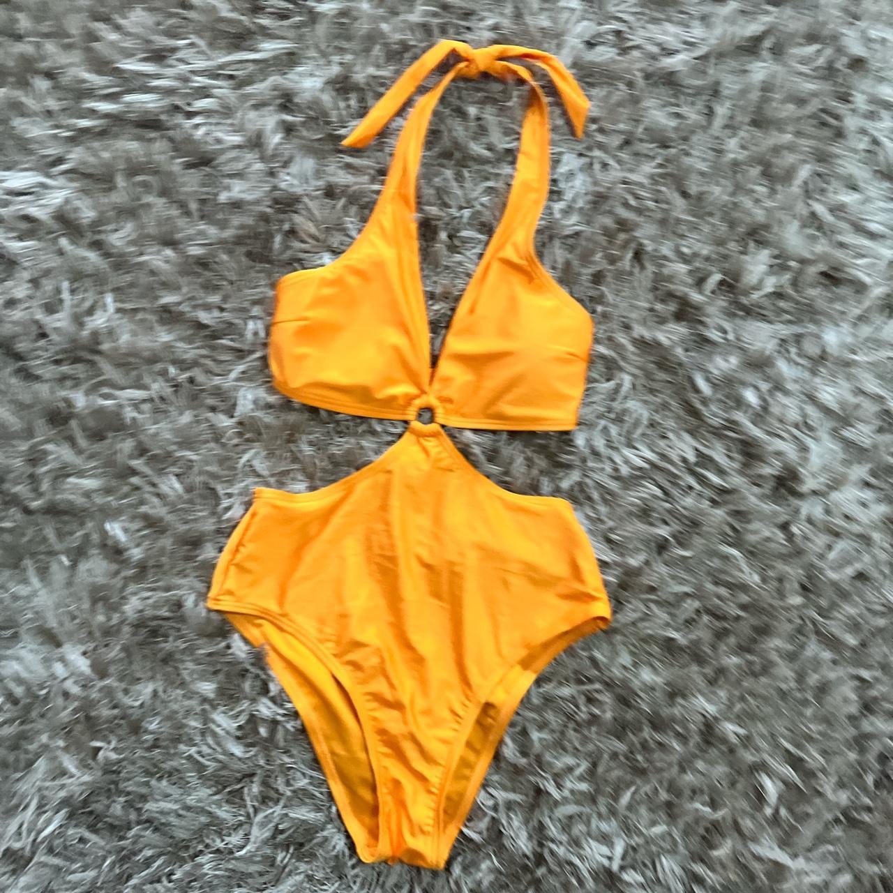 Newlook orange size10 halter neck swimsuit *padded... - Depop