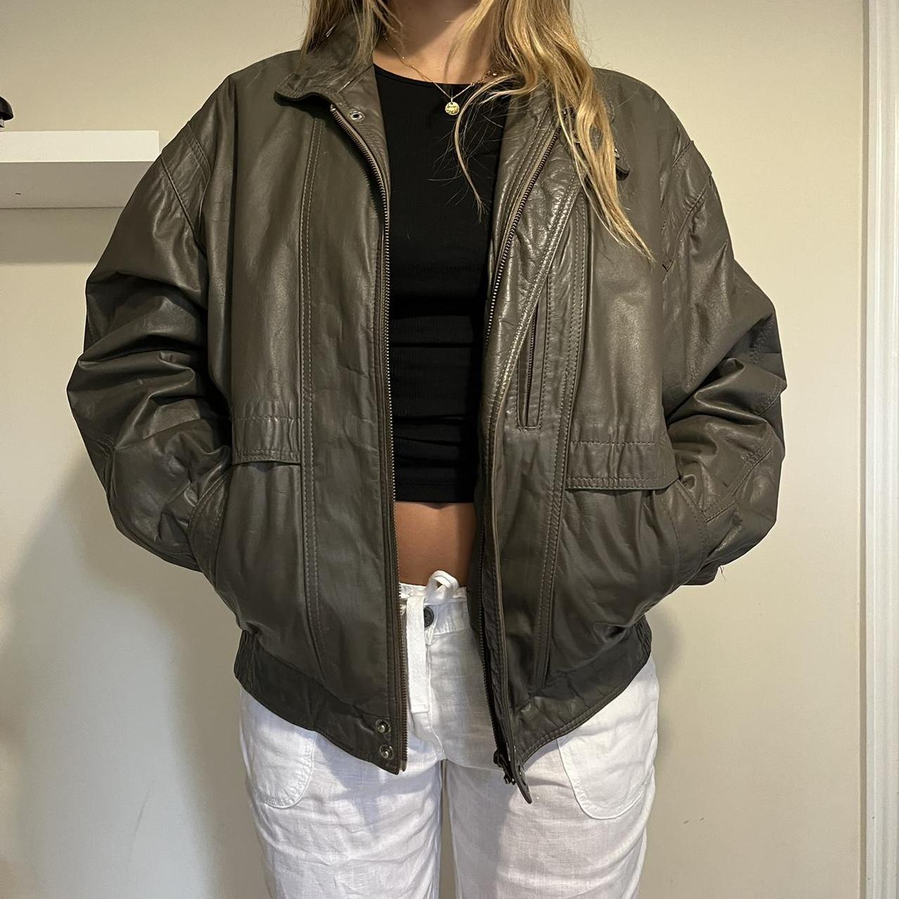 Vintage grey leather bomber jacket Vintage 90s y2k... Depop