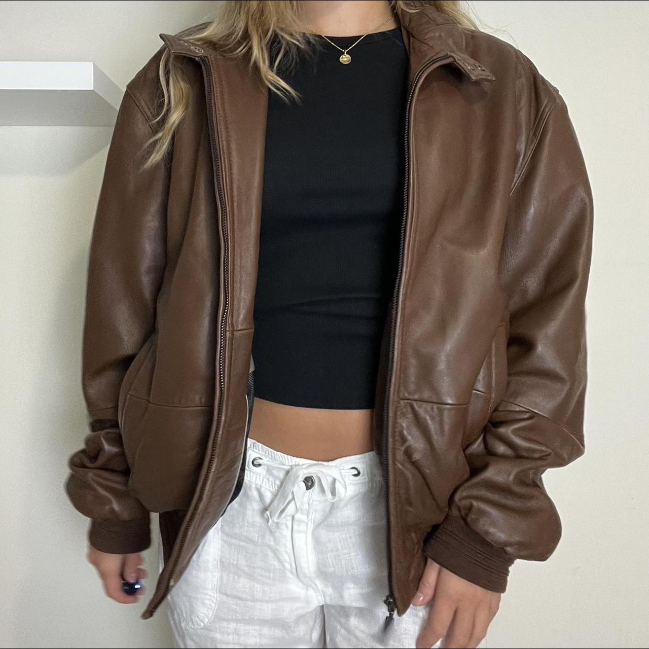 Vintage brown leather bomber jacket #N##N#Vintage 90s... - Depop