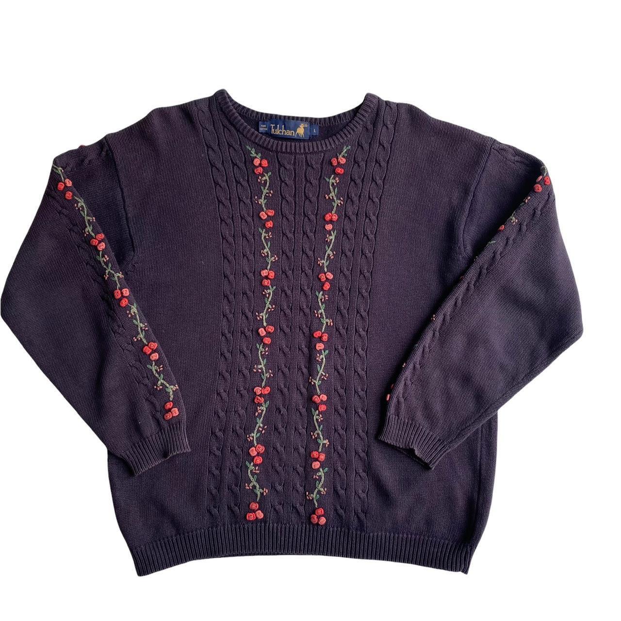 Vintage S Tulchan Embroidered Floral Jumper Navy Depop