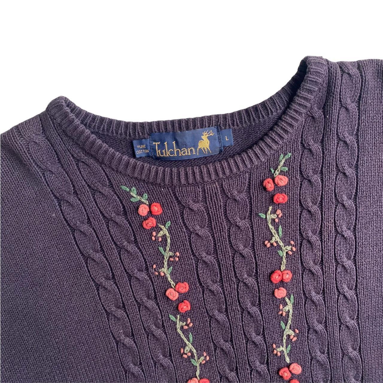 Vintage S Tulchan Embroidered Floral Jumper Navy Depop