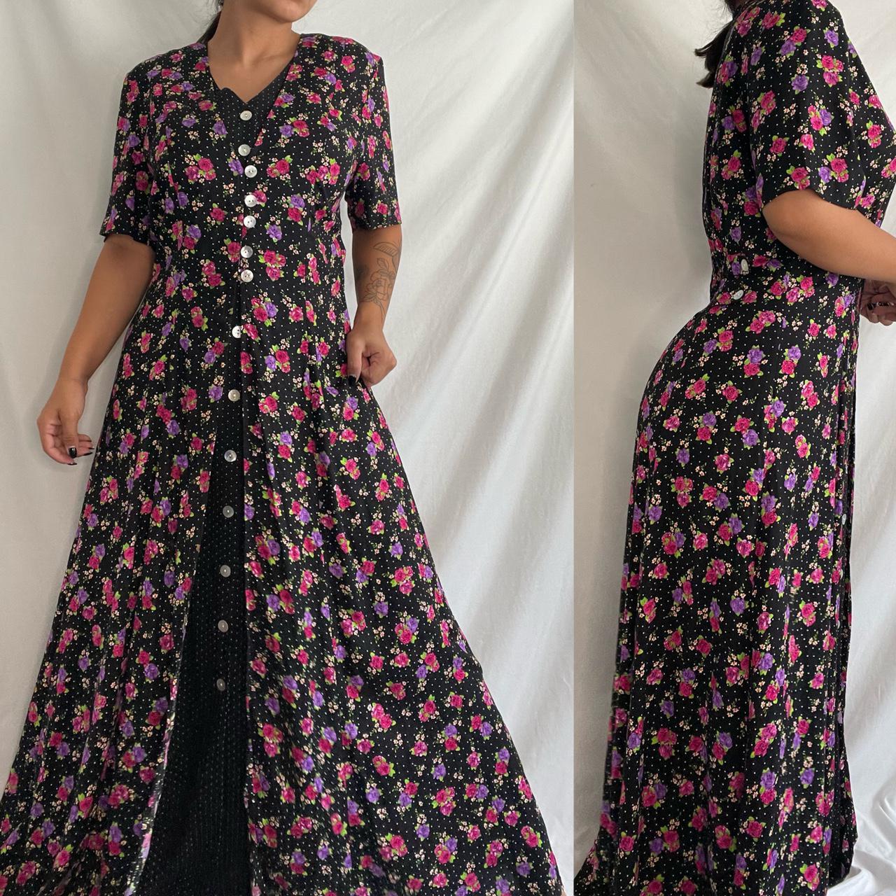 Vintage Floral Polka Dot Maxi Dress -buttons down... - Depop