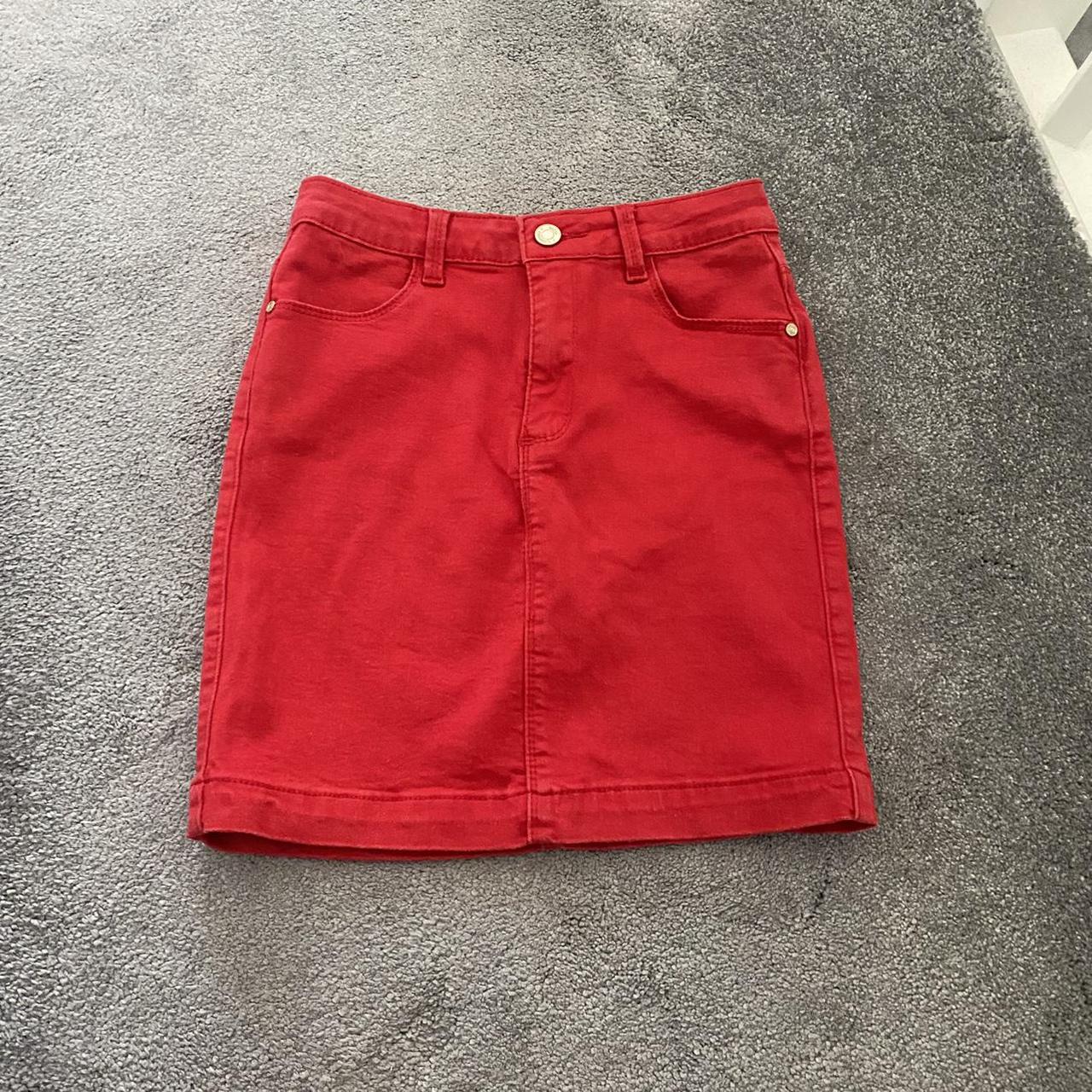 Red denim skirt from missguided. Very stretchy... - Depop