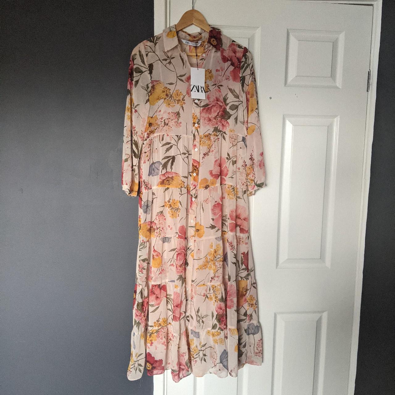 Zara long sleeved floral tiered midi/maxi dress size... - Depop