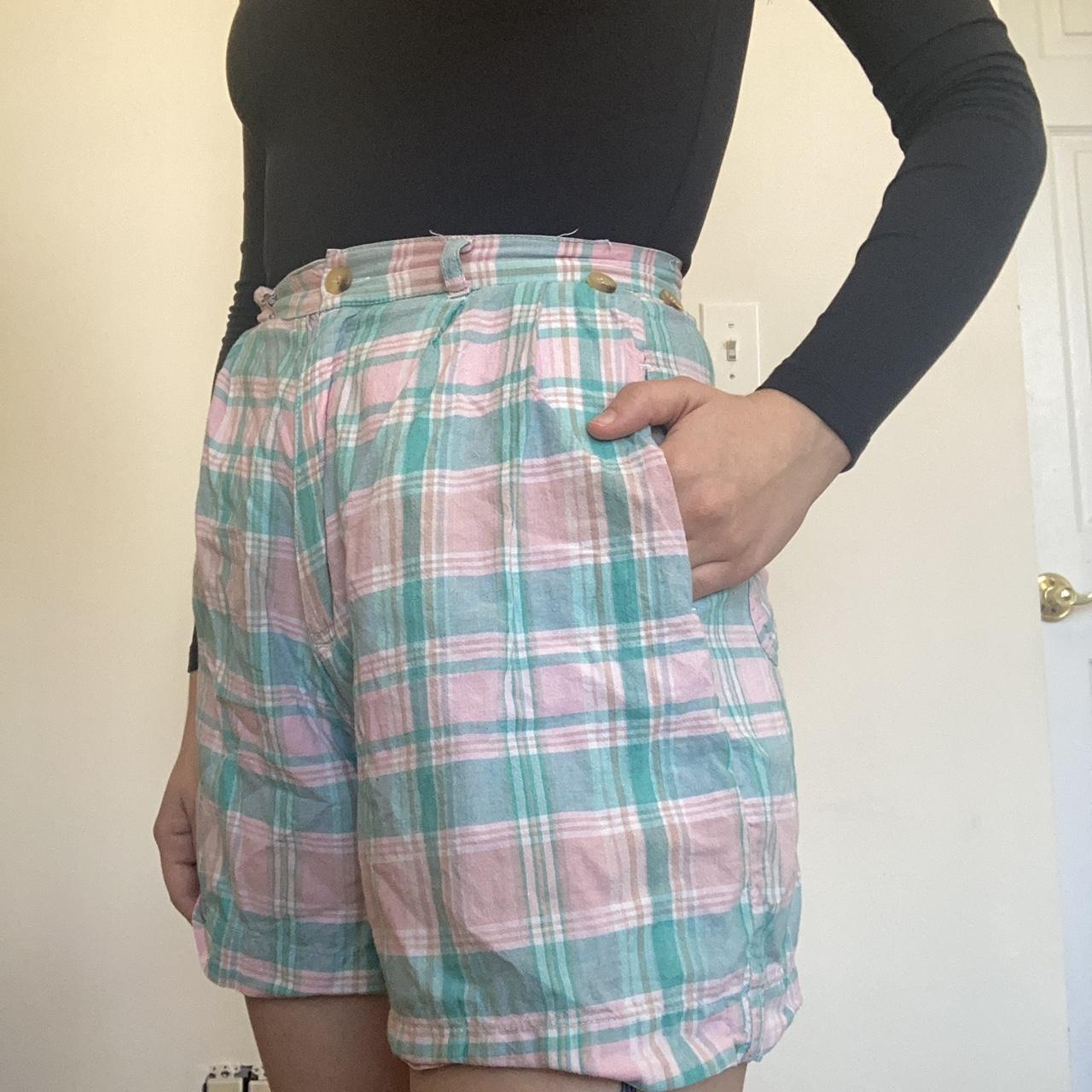 Vintage 80s/90s teal and pink plaid shorts. Super... - Depop