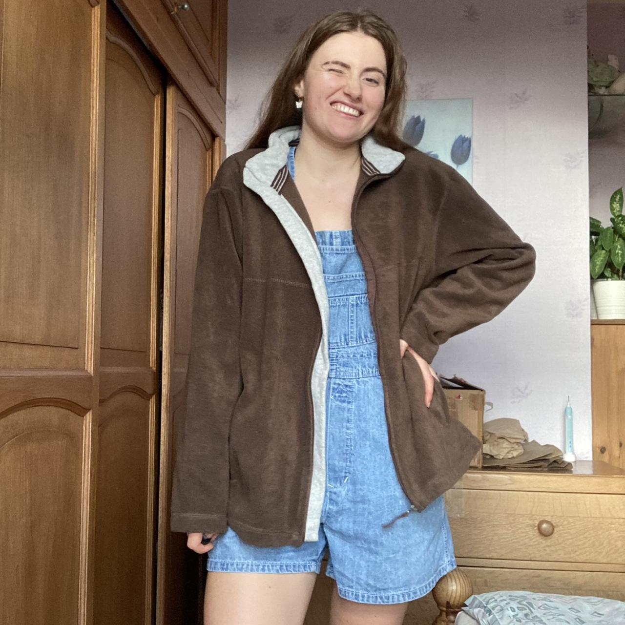 full zip fleece jacket in dark brown with cream... Depop