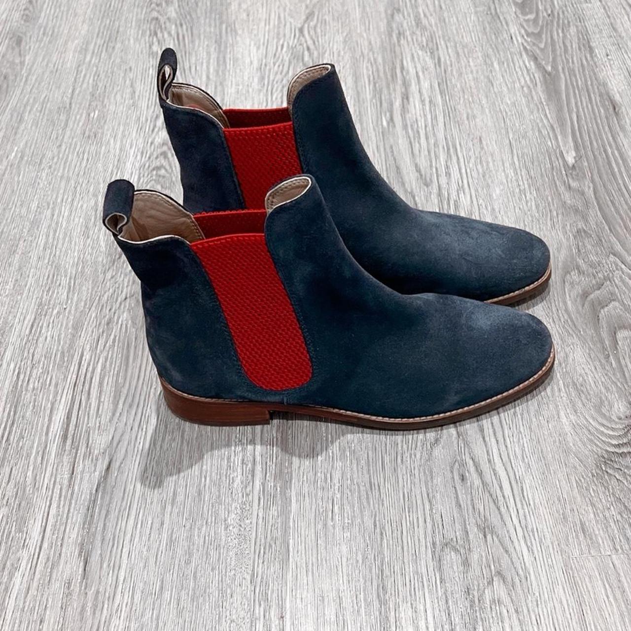 Navy Suede Boots// Red Panel// Size 5(38)// Never... - Depop