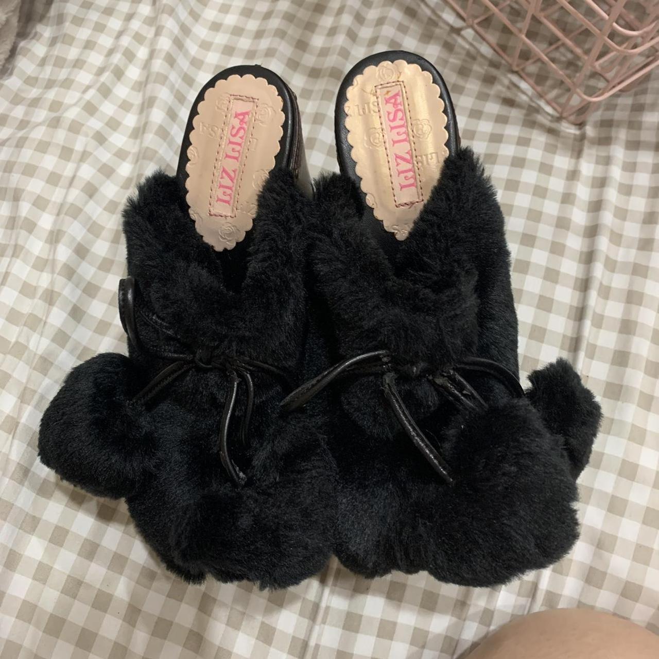 the cutest fuzzy platform heels with heart pom poms... - Depop