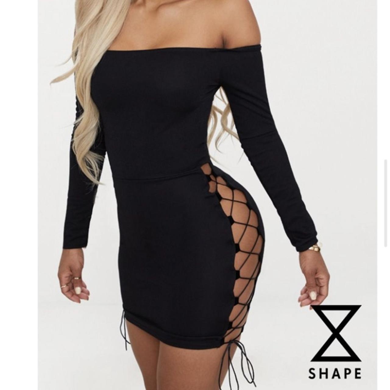 Black Lace Up Detail Bardot Bodycon Dress Depop