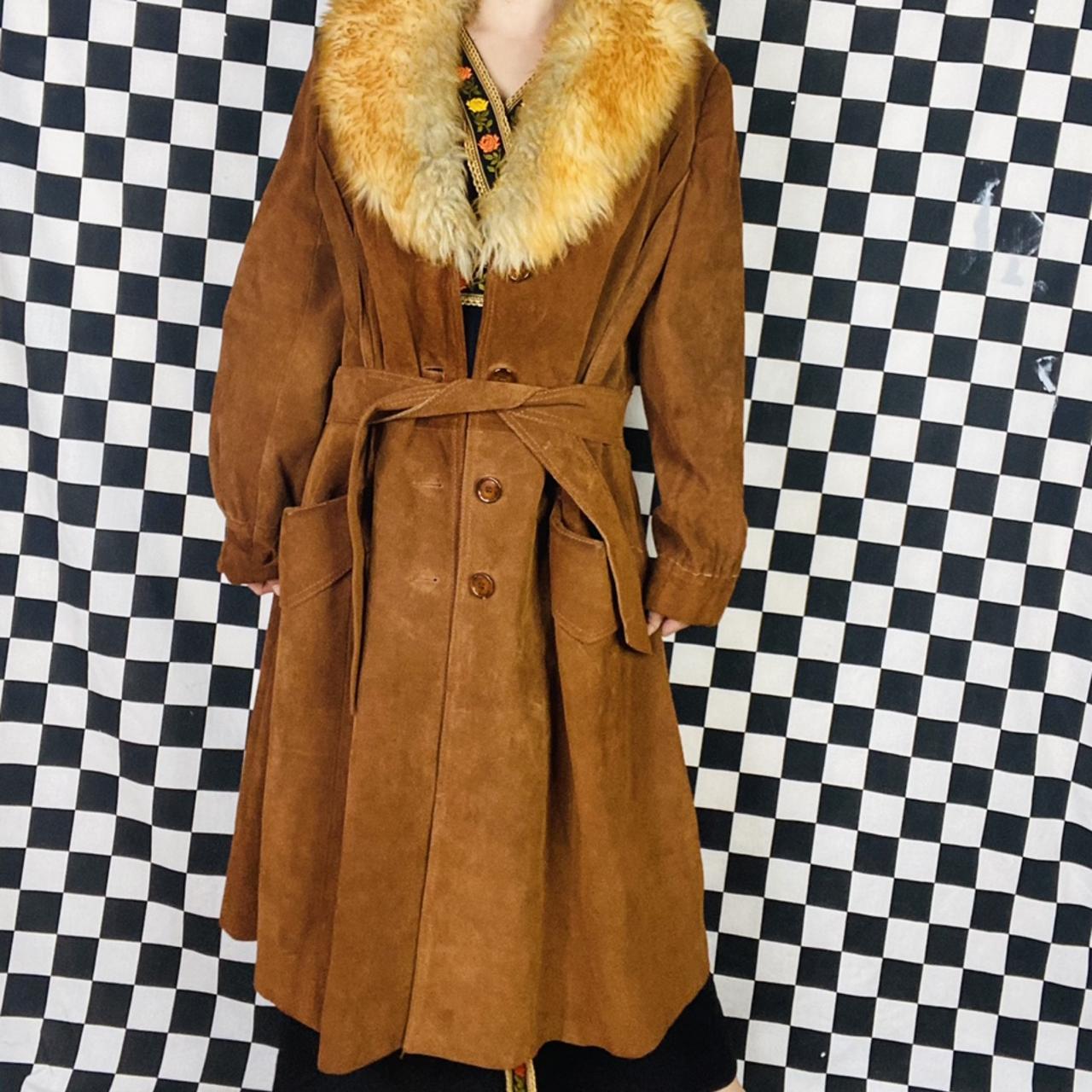 Vintage suede leather trench coat with fur collar.... - Depop