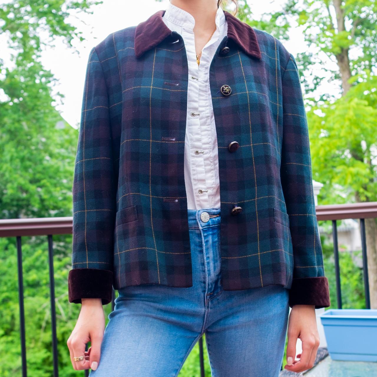 Vintage Kasper ASL Green Plaid Jacket with Brown - Depop