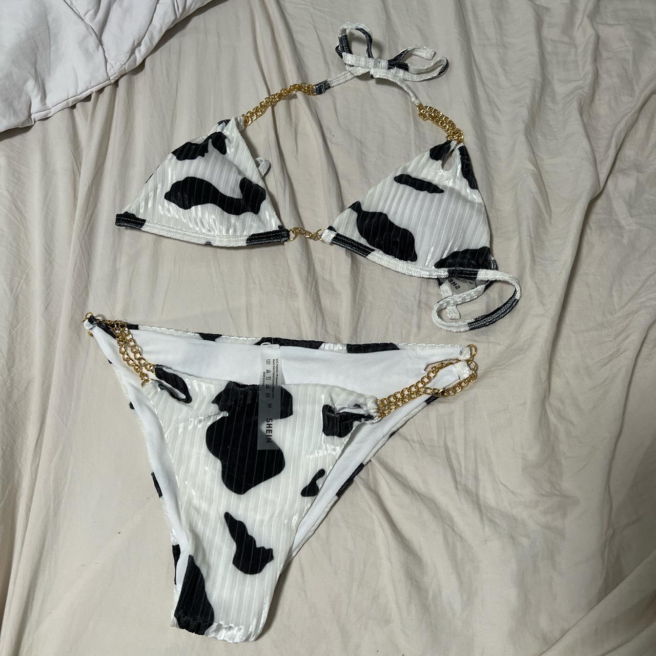 Shein Cow Print Swim Suit With Gold Chains Never Depop