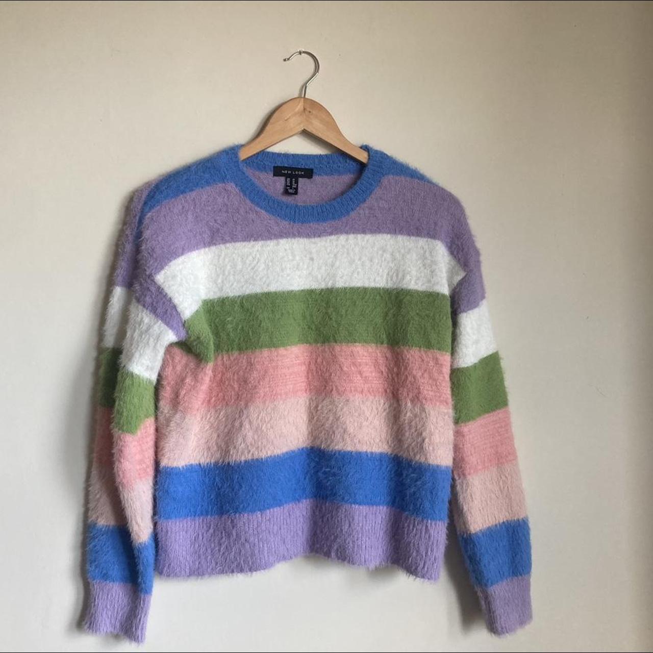 New look pastel striped stripy fluffy mohair jumper... - Depop