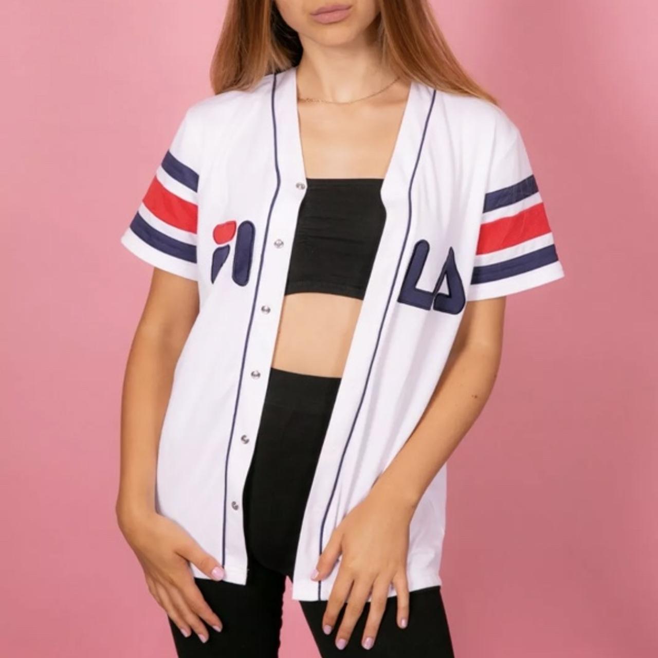 White red blue Fila spellout baseball jersey style