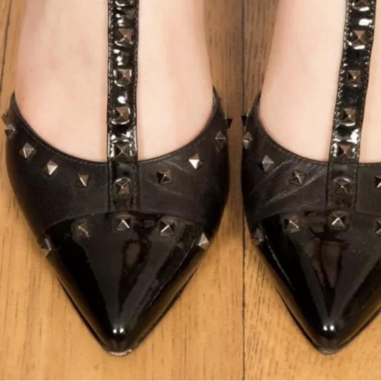Black leather & patent leather studded tbar... Depop