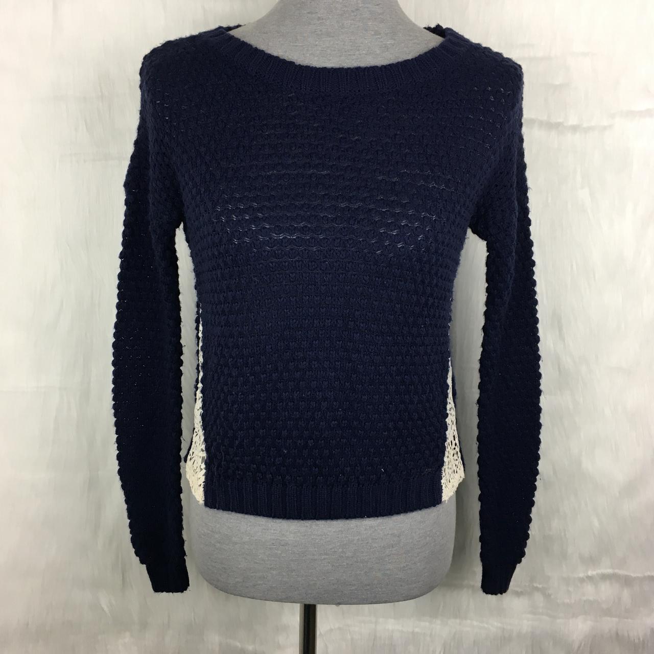 navy blue knit sweater. soft and stretchy. lace... - Depop