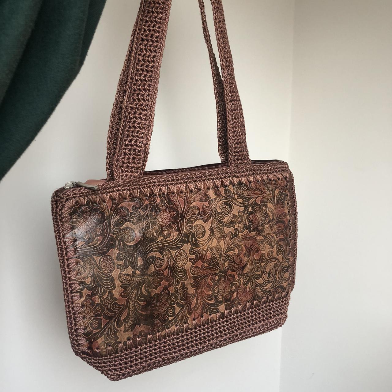 Vintage brown leather shoulder bag with printer... Depop