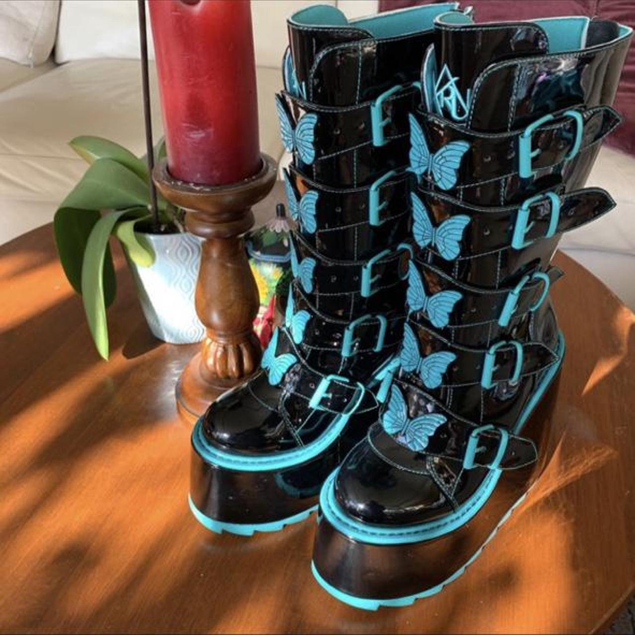 Dune Butterfly Platform Boots in Black Teal - ShopperBoard