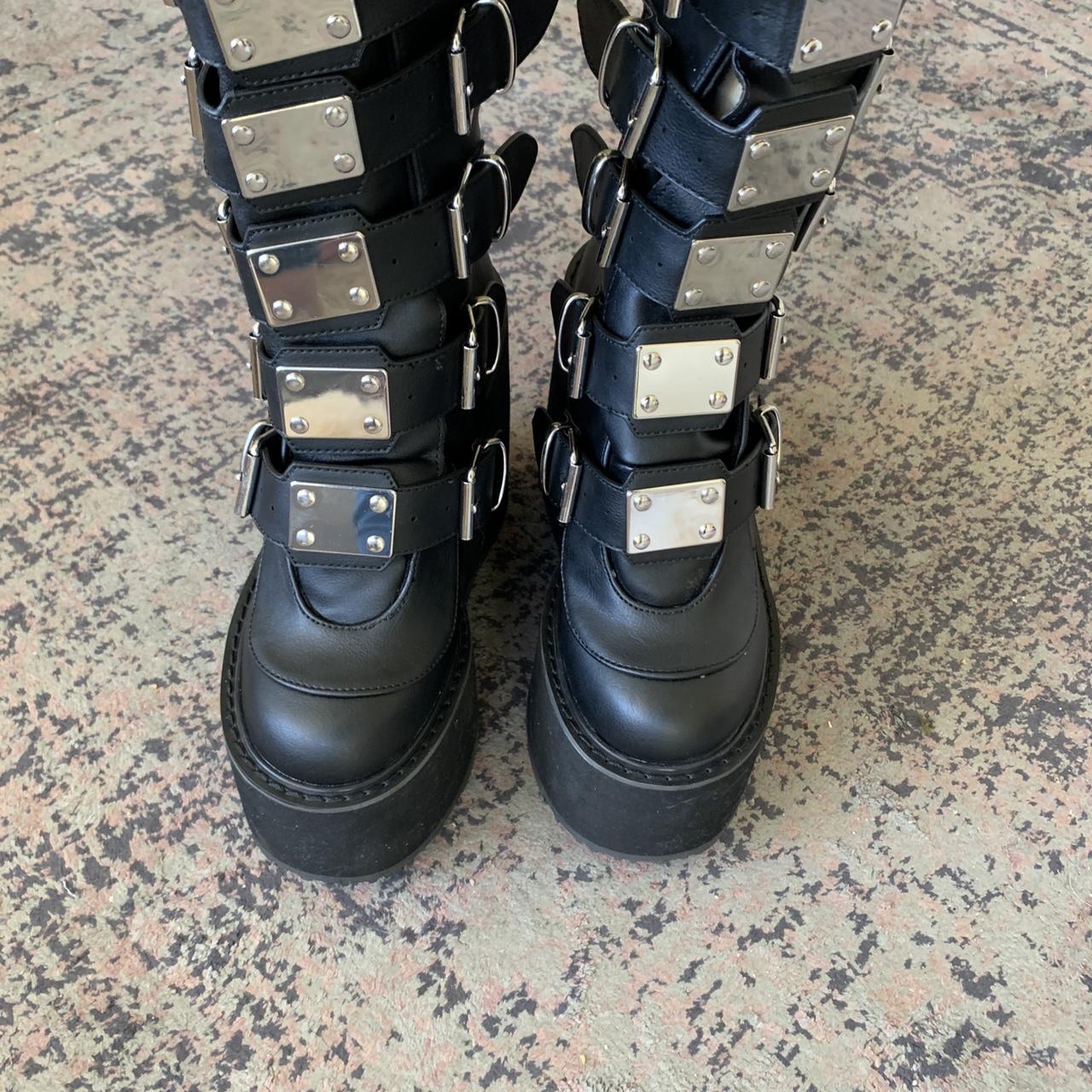 Demonia Women's Black and Silver Boots | Depop