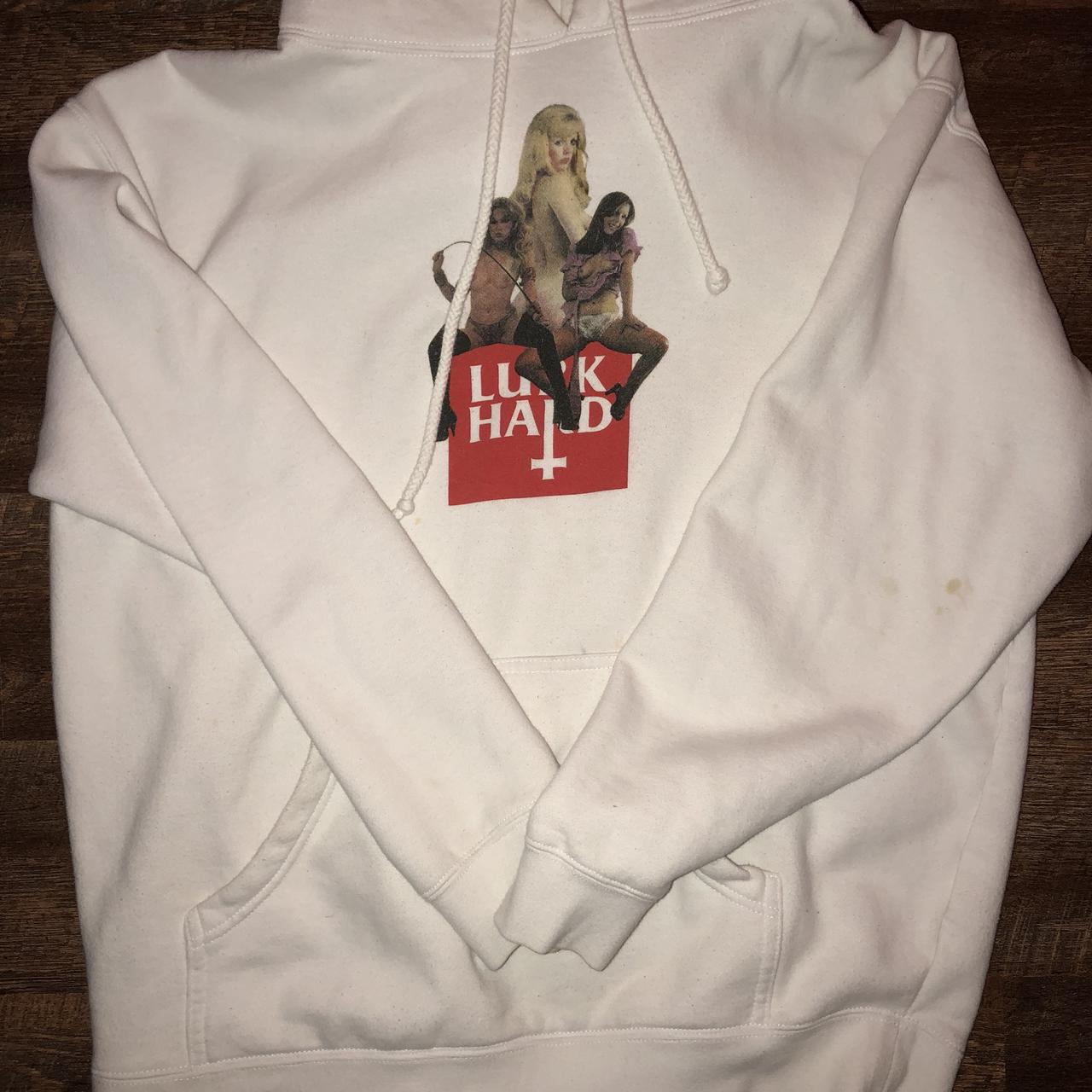 White large Lurk Hard sweater, has small stain on... - Depop