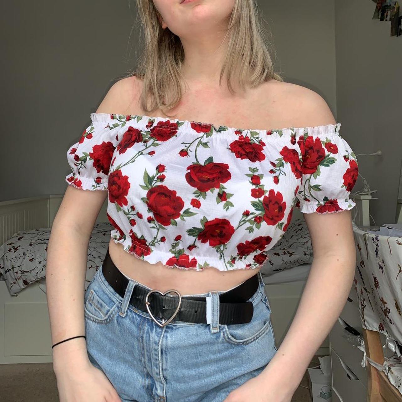 white off the shoulder top with red roses