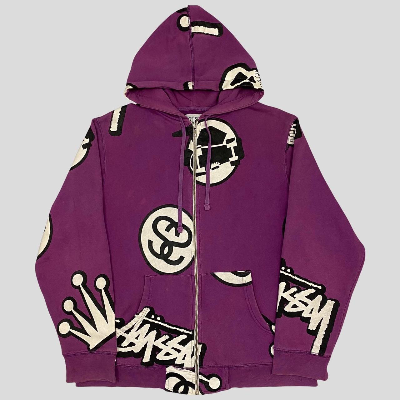 Stussy 00’s Purple All Over Print Logo Hoodie -... - Depop