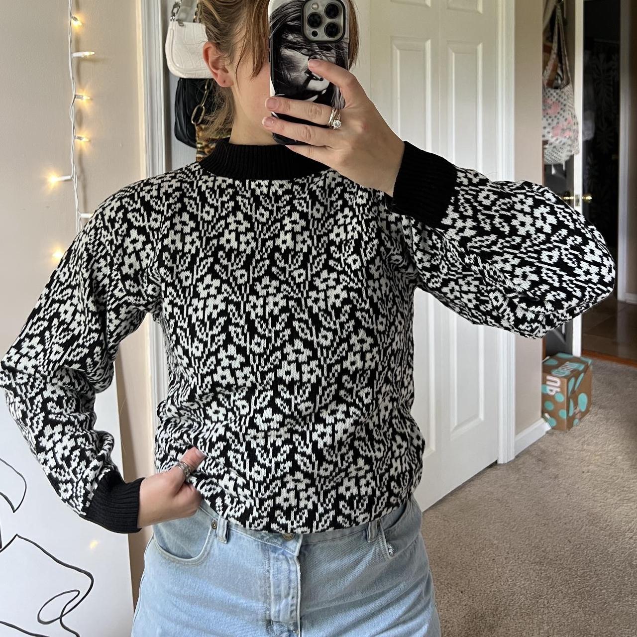 BEAUTIFUL vintage black and white floral sweater... Depop