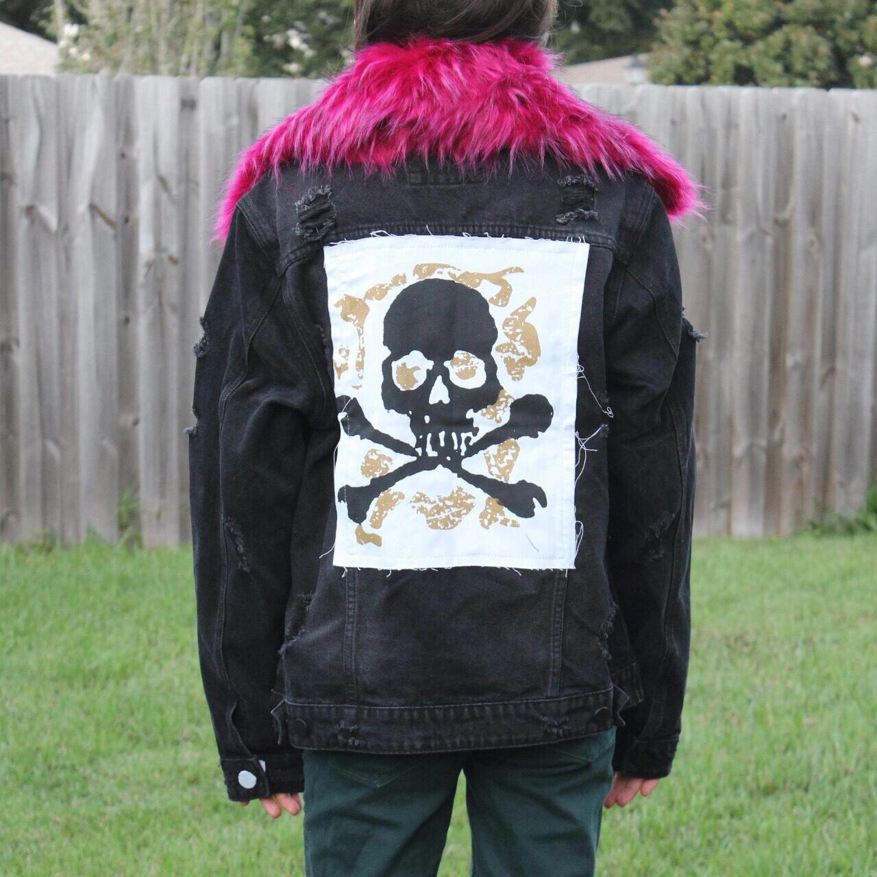 American Bazi Black & Pink Distressed Skull Faux Fur... - Depop