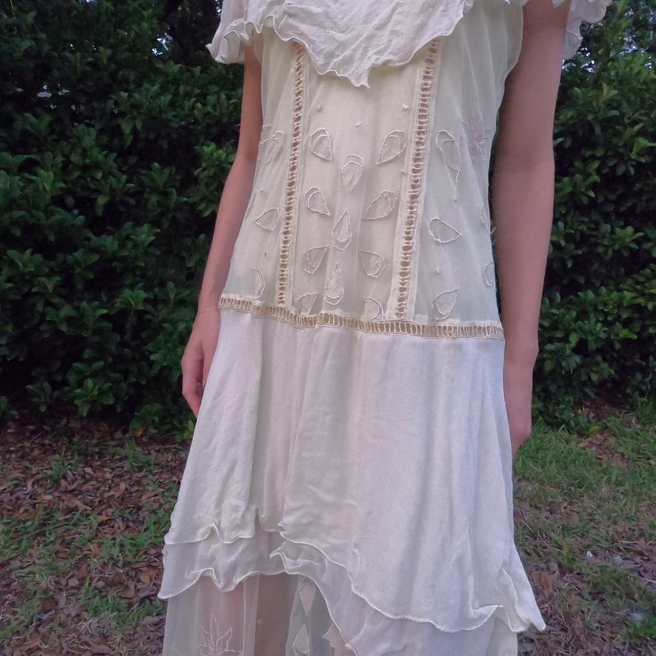 Vintage romantic beige dress with ruffles and... - Depop