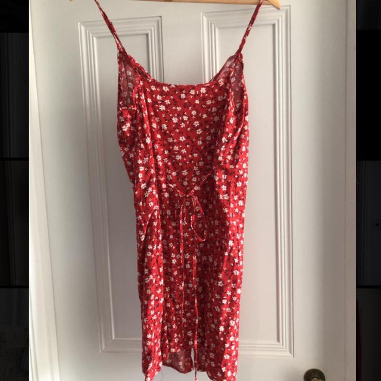 Primark red and white floral strappy dress with tie... - Depop