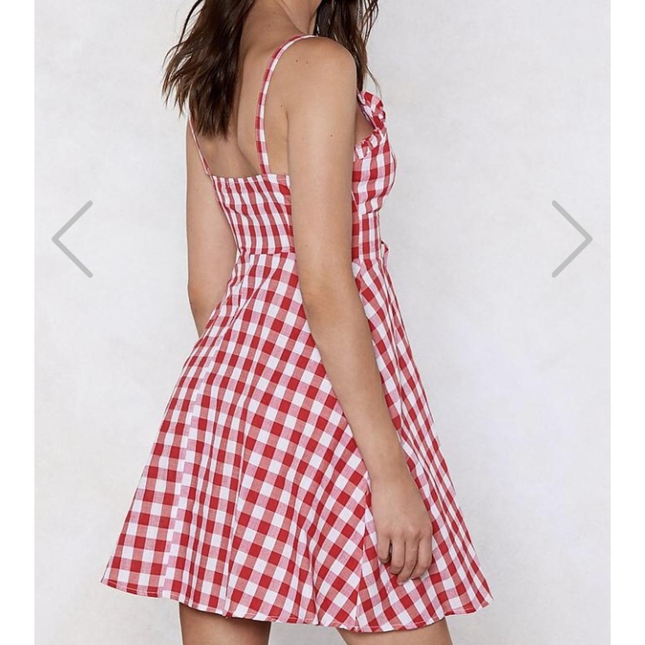 Red gingham maid style dress with lace up from.... - Depop