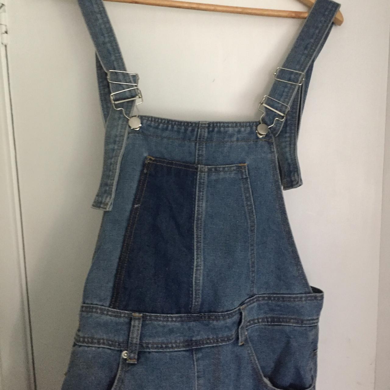 patchwork distressed mid-denim dungarees, uk 10... - Depop