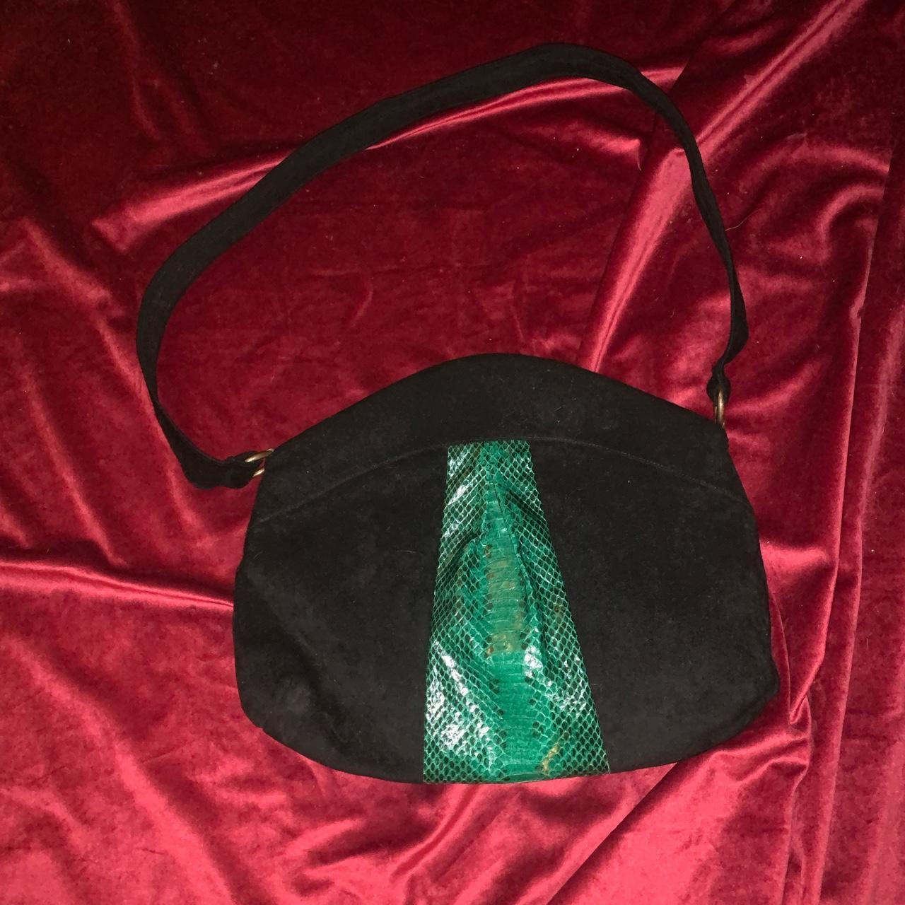 Vintage 80s Black Suede Purse with Embossed Green...