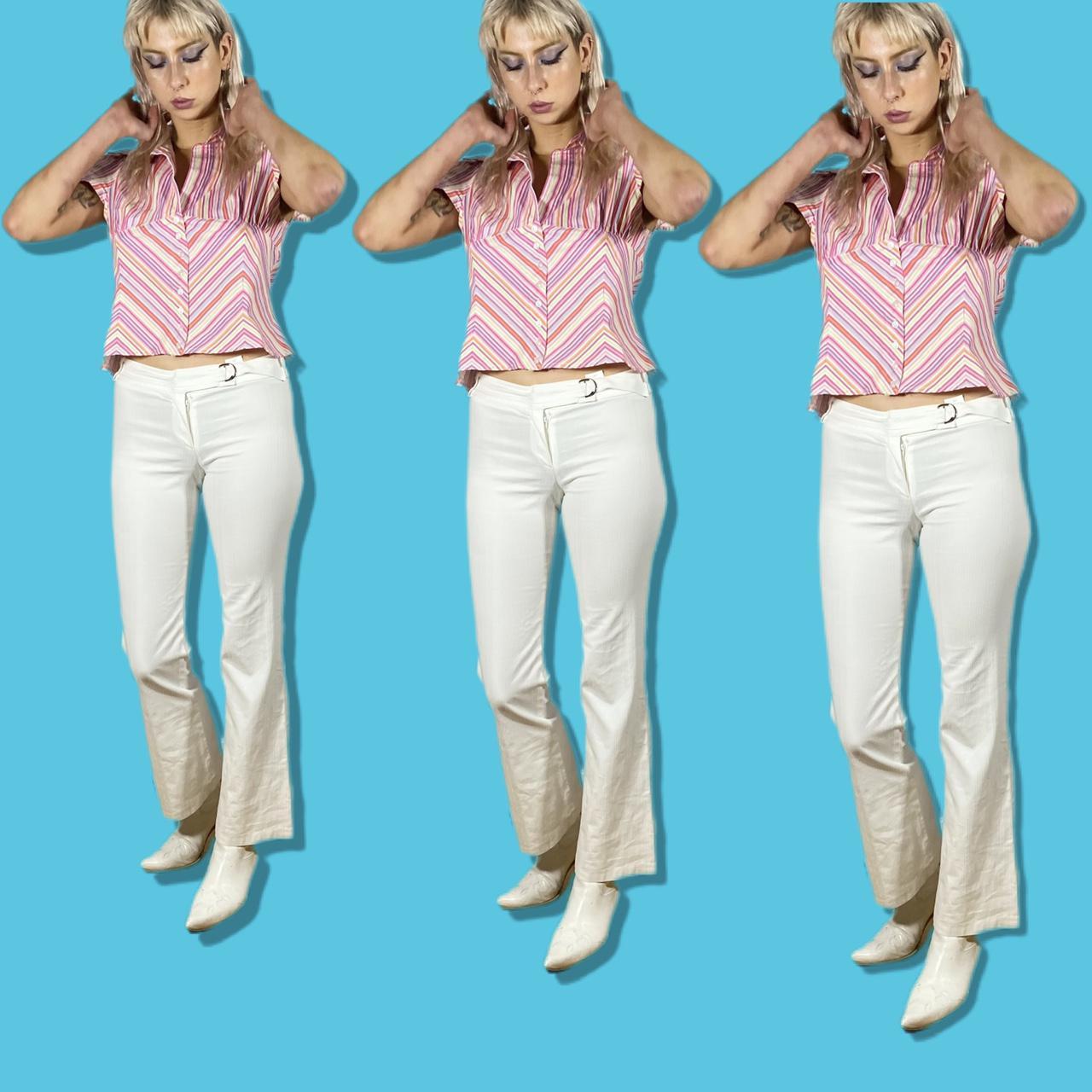 white flared trousers