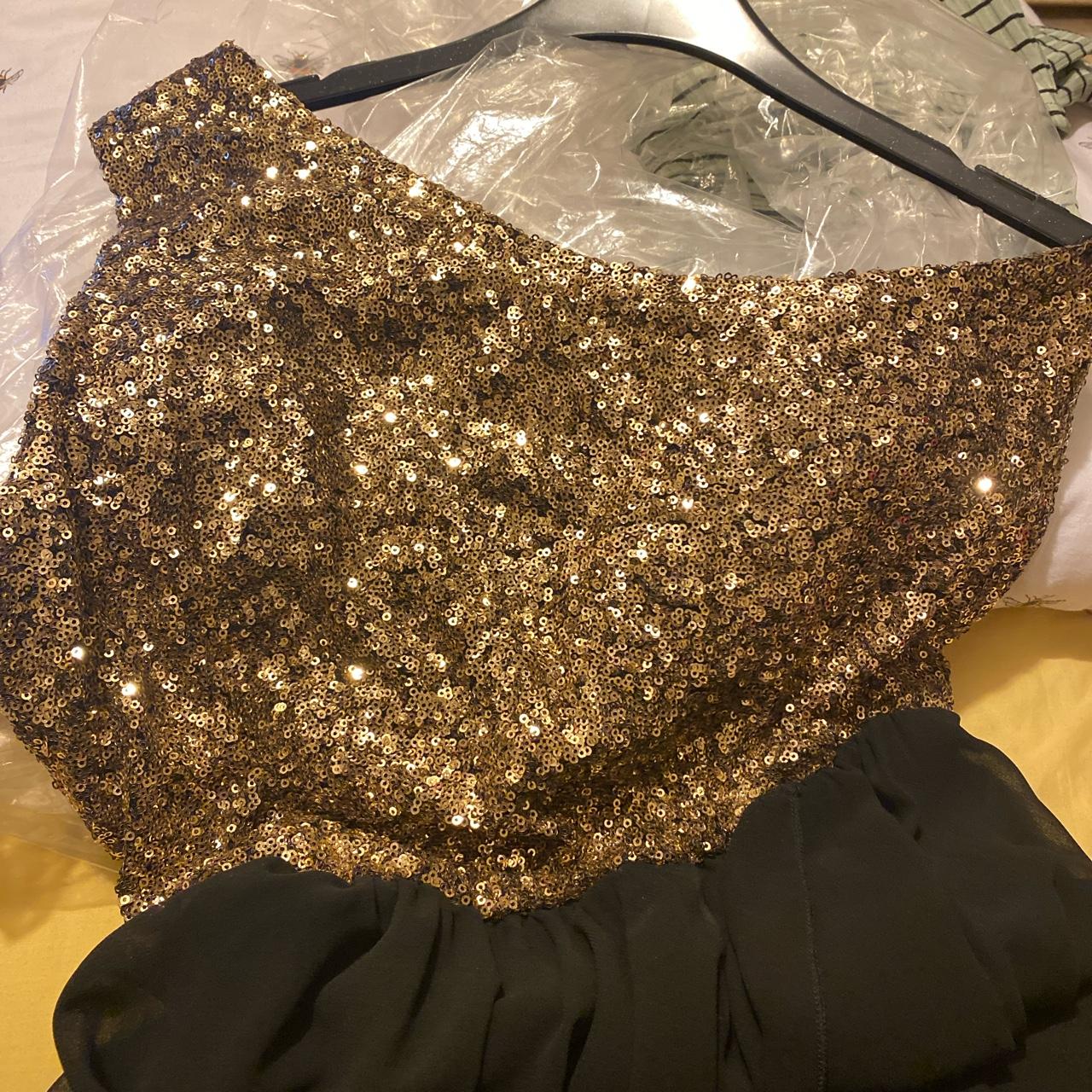 Black & Gold Sequin Quiz Dress One Shoulder High Low... - Depop